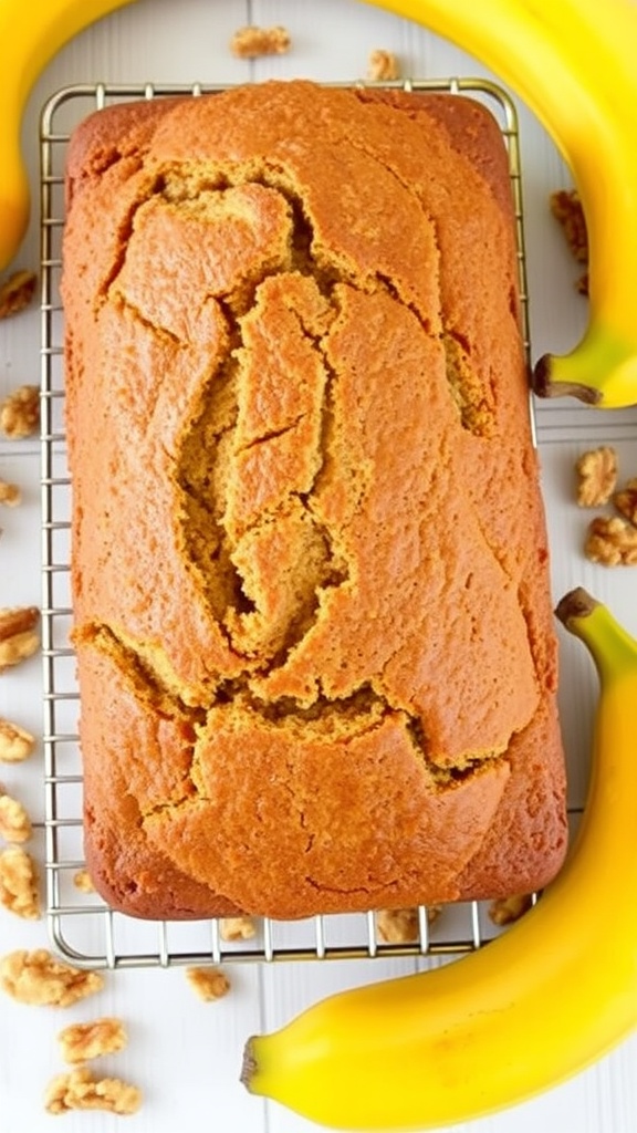 Golden brown banana bread loaf on a cooling rack, with ripe bananas and walnuts.